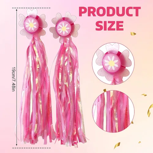 Vista 2 de Girasol Bike Scooter Manillar Streamers- Cintas rosas con borla brillante para niños Niños Bicicletas Trike Grips Accesorios Portabebés