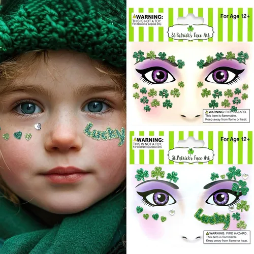 Vista 3 de Ecuupas Día de San Patricio, gemas faciales para festivales de tréboles, trébol con purpurina verde, diseño de diamantes de imitación de ojos
