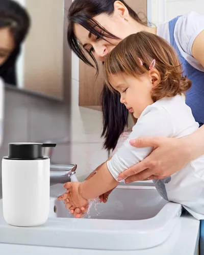 Vista 7 de BosilunLlife - Juego de dispensador de jabón blanco, dispensador de jabón de baño de cerámica, dispensador de jabón para platos de cocina
