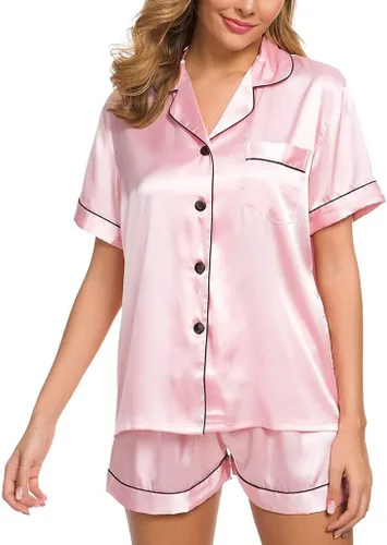 Vista 5 de Conjunto de pijama de satén para mujer, de manga corta, con botones, cuello y ropa de dormir de seda suave