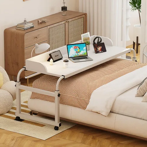 Vista 4 de Mesa enrollable ajustable con ruedas – Escritorio de madera expandible para laptop, altura ajustable, color blanco, perfecto para estaciones