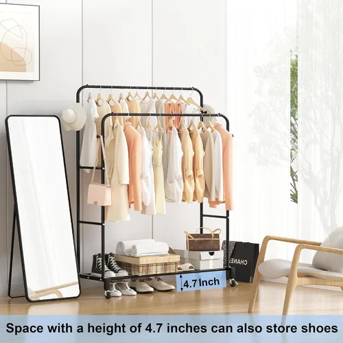 Vista 4 de Sooyee Perchero de doble barra con ruedas, perchero de 3 niveles para colgar ropa, perchero portátil con 4 ganchos para dormitorio, cuarto de Negro