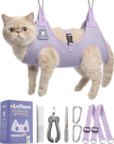 Vista 15 de Loflaze Arnés de Hamaca de Aseo para Perros y Gatos con Cortauñas Recortador de Uñas para Mascotas - Eslinga Colgante para Gatos para Recortar