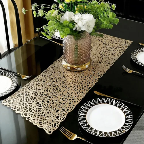 Vista 10 de FAVE Camino de mesa dorado de 36 pulgadas con forma de flor, camino de mesa corto lavable para bodas, banquetes, cumpleaños, fiestas, restaurantes