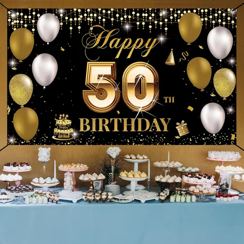 Vista 4 de Fondo de pancarta de cumpleaños número 50, decoración de feliz cumpleaños 50 para hombres y mujeres, cartel de fiesta de cumpleaños de 50 años