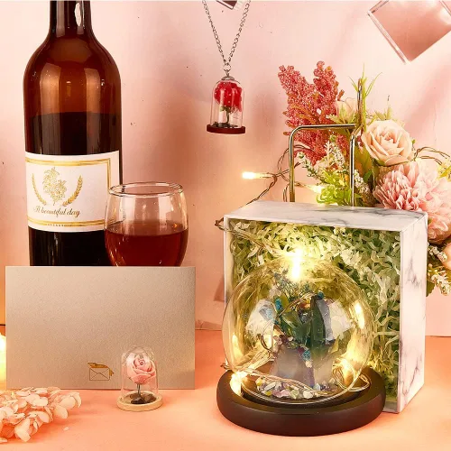 Vista 4 de NBEADS 10 juegos de mini cúpula de cristal de flor eterna, vitrina de vidrio transparente con 2 colores base de madera para el día de San Valentín