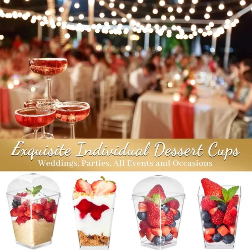 Vista 5 de TOFLEN Paquete de 100 tazas de postre de plástico de 5 onzas con tapas de cúpula para fiestas, mini tazas de postre con cucharas, taza disparadora