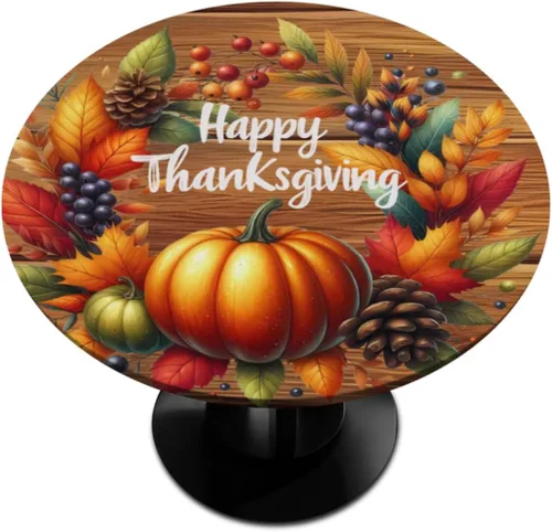 Vista 76 de Mantel redondo ajustado con diseño de calabaza de otoño, hojas de otoño, color amarillo, pequeño con borde elástico, manteles circulares lavables