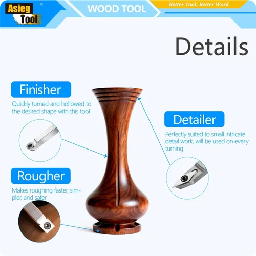 Vista 4 de Mini torno de madera con punta de carburo, herramientas de torneado, conjunto combinado de acabado de detallador más duro con mango de madera e