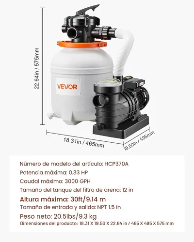 Vista 7 de VEVOR Bomba de filtro de arena de 12 pulgadas para piscinas sobre el suelo de hasta 15000 galones, sistema de filtración de piscina de 0.33 HP 3000