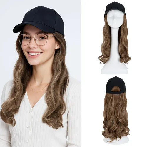 Vista 27 de SEGO - Peluca de gorra con pelo adjunto para mujer, gorra negra de béisbol con extensiones de pelo, gorra de béisbol larga y ondulada con ajuste