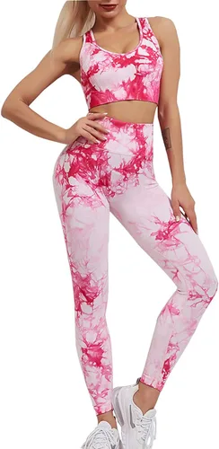 Vista 3 de YuMENo Conjuntos de entrenamiento de teñido anudado para mujer, 2 piezas, sin costuras, cintura alta, leggings de yoga con brasier deportivo, ropa