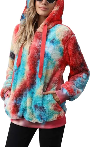Vista 3 de Nirovien Sudadera Sherpa con capucha para mujer diseño de teñido anudado con doble forro polar mullida de gran tamaño a cuadros