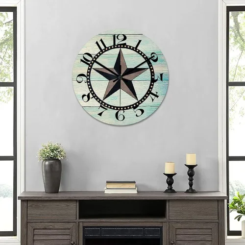 Vista 6 de Reloj de pared redondo de estilo rústico con estrellas del oeste de Texas, reloj de madera, silencioso, sin tictac, funciona con pilas, con números