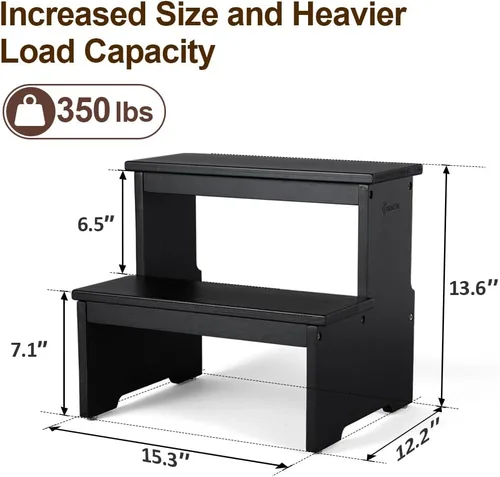 Vista 3 de StrongTek Taburete de bambú de dos escalones para adultos y niños, taburete de cama con parte inferior antideslizante, resistente para cocina, baño