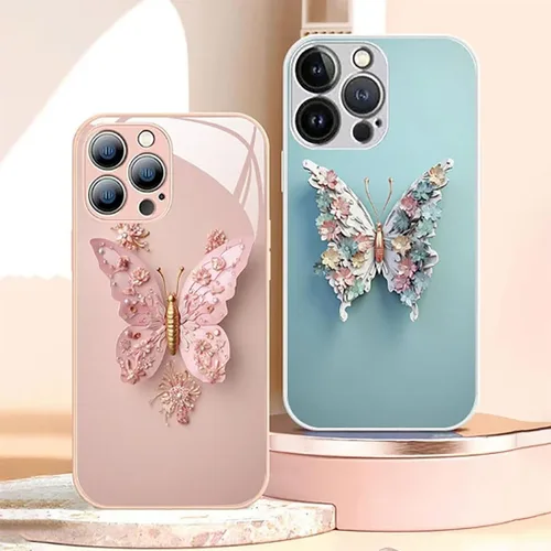 Vista 2 de Funda de vidrio con patrón de mariposa 3D plana compatible con iPhone, funda para teléfono con cubierta de vidrio con patrón de mariposa