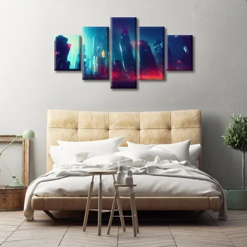 Vista 319 de Cuadros de 5 paneles de Cyberpunk City, arte de pared, representación de vallas publicitarias, edificios modernos en la capital con obras de arte