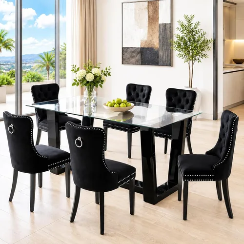 Vista 6 de Ebullient Mesa de comedor de cristal, mesa de comedor moderna, mesa de vidrio templado de 63 pulgadas con patas trapezoidales de MDF negras, mesa