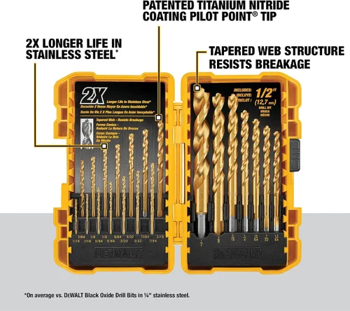 Vista 2 de DEWALT Drill Bit Set, 21 Pc. Titanium Nitride Coated Pilot Point DEWALT Bit Set with Case for Wood, Metal and Plastic (DW1361) (Pack of 5)
