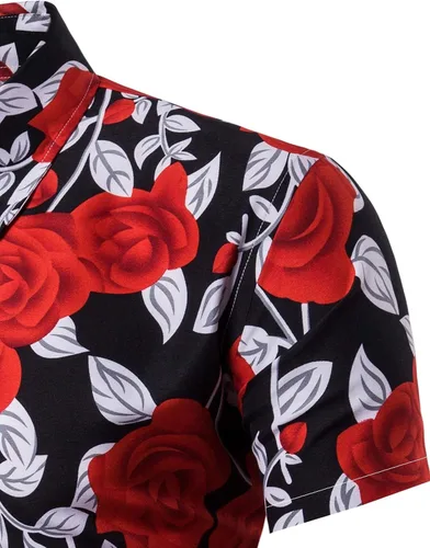 Vista 4 de LEFTGU Camisa de verano con estampado de flores de rosas para hombre