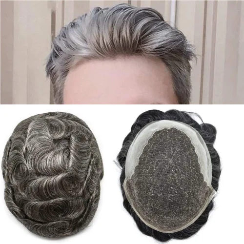 Vista 21 de FACE MIRACLE - Extensiones de cabello humano con encaje frontal francés y nudos blanqueados para hombre, sistema de reemplazo de cabello