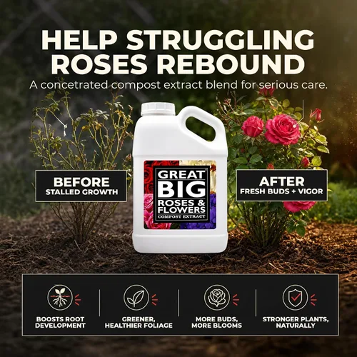 Vista 5 de Great Big Roses and Flowers - Potenciador de fertilizante líquido de rosas y flores, 70 minerales, extracto de compost, activador de suelo de jardín