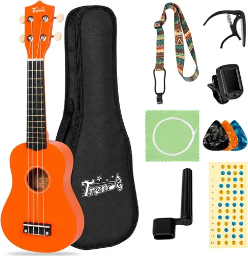 Vista 7 de Trendy Ukelele soprano de 21 pulgadas negro kit para principiantes bolsa de transporte afinador correa de cuerda cuadrada diapasón pegatinas ukelele