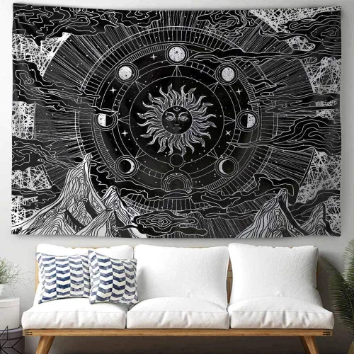 Vista 3 de Neapth Tapiz de sol para decoración de dormitorio y dormitorio, arte de pared blanco y negro, sol y luna, 59 x 59 pulgadas 1 Montaña del Sol