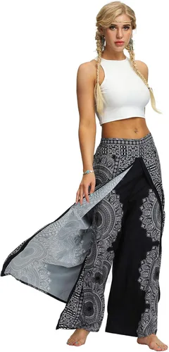 Vista 2 de PNKJ Pantalones de pierna ancha con abertura para mujer estilo casual hippie bohemio pilates playa pantalones de yoga holgados