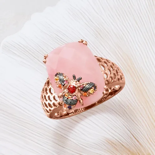 Vista 5 de Ross-Simons Pink Opal and .10 ct. t.w. Multicolored Sapphire Bumblebee Ring With Single Garnet in 18kt Rose Gold Over Sterling