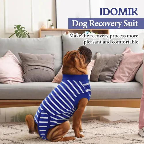 Vista 7 de IDOMIK Traje de recuperación para perros – Mono esterilizador femenino y masculino, ajustable antilamer, transpirable y cómodo, talla S, rayas azules