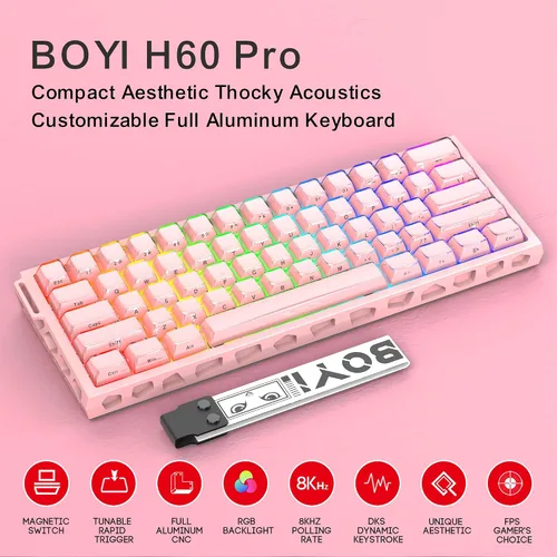 Vista 2 de BOYI H60Pro Magnetic Switch Gaming Keyboard,60% Hollow Aluminum Hall Effect Rapid Trigger Hot-Swap 8K Polling Rate 0.01mm RT RGB Wired Mechanical