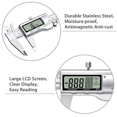 Vista 5 de Proster Calibrador Vernier digital de 6 pulgadas, 5.906 in, fracción de pinza electrónica, pinza métrica para longitud, ancho, profundidad, diámetro