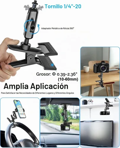 Vista 5 de Soporte para tablet para visera solar de automóvil, brazo mágico de metal, soporte de tableta ajustable de 360° con abrazadera ultra estable