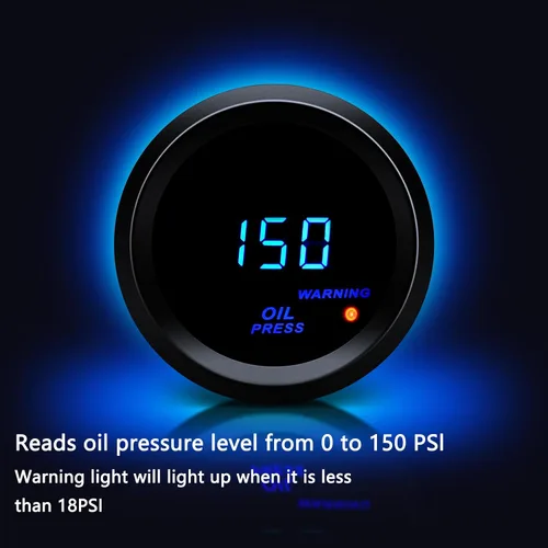 Vista 4 de Medidor de presión de aceite de 2 pulgadas = 52 mm con kit de emisor LED azul digital para automóvil de 12V (negro)