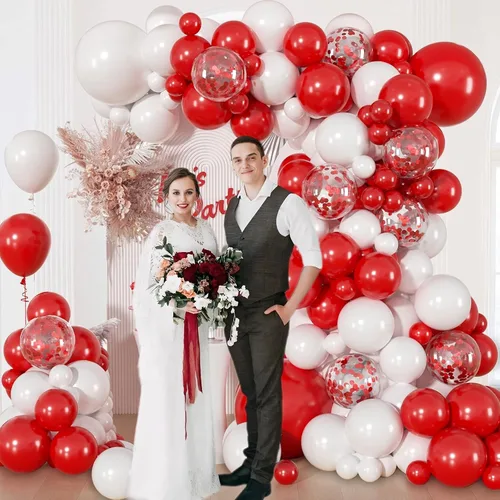 Vista 5 de Juego de 114 globos rojos y blancos, kit de arco de globos rojos y blancos para boda, compromiso, Navidad, día de San Valentín, cumpleaños