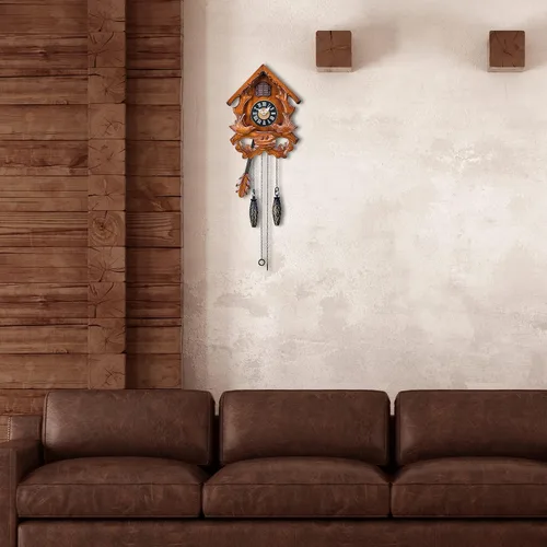 Vista 6 de TIMEGEAR Reloj de cuco con modo nocturno, pájaro cantante y decoraciones de madera tallada (cereza)