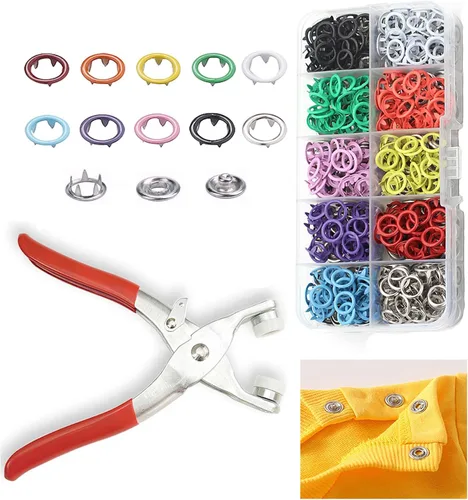 Vista 7 de GTAAOY 100 juegos de botones de presión de metal de 0.374 in perfectos para ropa, sombreros y costura, 5 colores de broches huecos con alicates