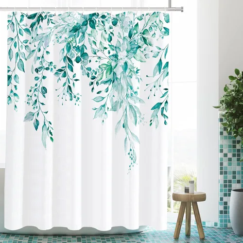 Vista 121 de Tititex - Juego de cortinas de ducha de eucalipto negro, hojas de acuarela gris en la parte superior, con decoración floral de baño, 60 x 72