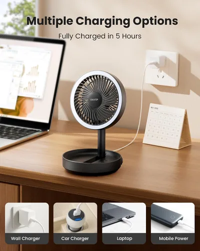 Vista 7 de Gaiatop Ventilador de escritorio pequeño plegable con luz nocturna LED, inalámbrico de 6000 mAh, ventilador portátil recargable por USB, para Negro