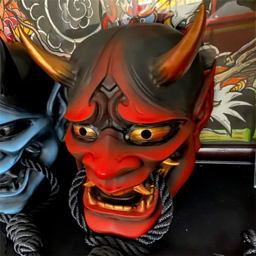 Vista 6 de AUSUKY Máscara de Prajna sellada japonesa para Halloween, diablo Hannya, CaraeshellKabuki Demon Samurai (negro)