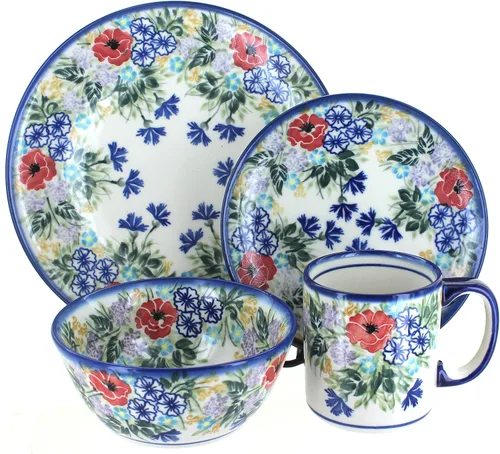 Vista 6 de Blue Rose Polish Pottery - Juego de vajilla de 16 piezas de piña marrón, 4 lugares, juego de vajilla de cerámica, regalo único de Navidad y vajilla