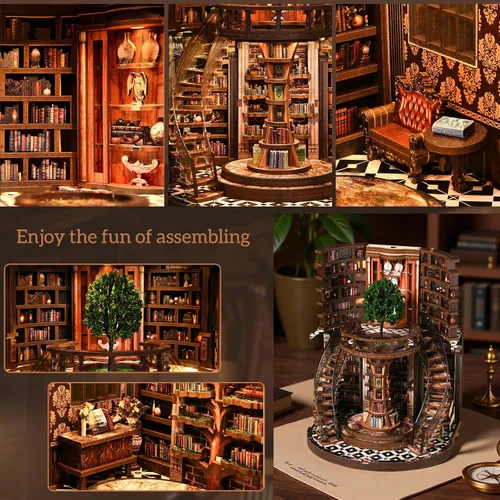 Vista 7 de ACOCO Kit de rincón de libro de biblioteca clásica, rompecabezas de madera 3D con luz LED, decoración de estantería en miniatura, regalo