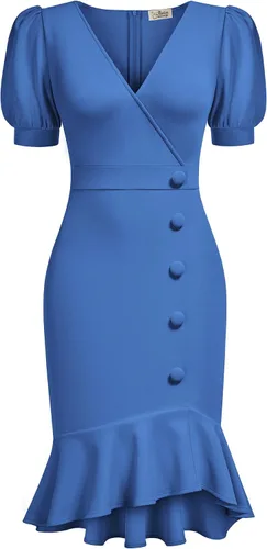 Vista 2 de AISIZE Vestido de cóctel vintage con cuello en V y dobladillo con volantes para mujer