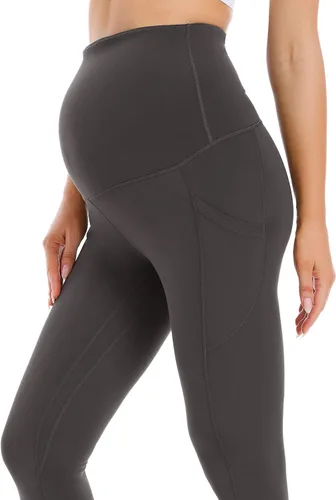 Vista 3 de Foucome Leggings de maternidad para mujer con bolsillos sobre el vientre, leggings de entrenamiento para yoga, pantalones de trabajo activo