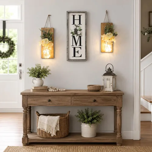 Vista 43 de Decoración rústica de madera para colgar en la pared con tira de luces LED para sala de estar y dormitorio modernos, estilo campestre inspirador