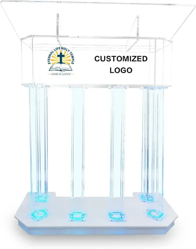 Vista 12 de Púlpito acrílico personalizable con logotipo y texto con ruedas, iluminación LED y plataforma de lectura vertical, atril de iglesia transparente