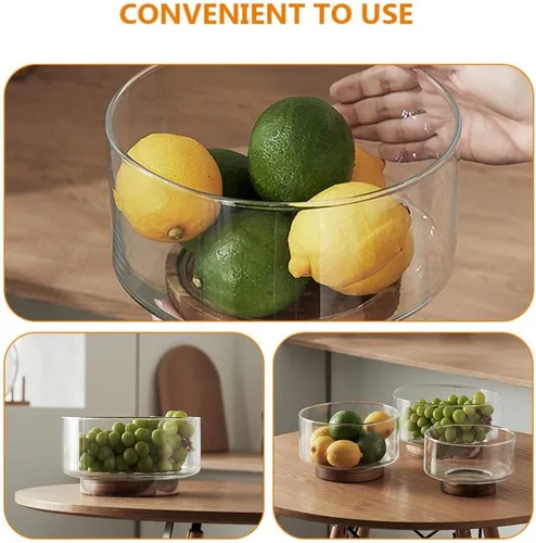Vista 4 de Ipetboom Decoración del hogar, cuenco de frutas de vidrio con base de madera, cuenco de ensalada de cocina, tazón de mezcla de salsa, plato