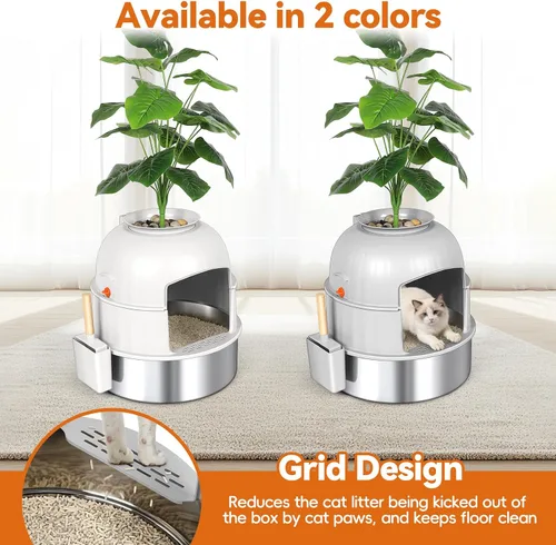 Vista 6 de Caja de arena oculta para gatos con planta artificial, muebles de acero inoxidable, maceta redonda decorativa incluye cuchara, guijarros, filtro