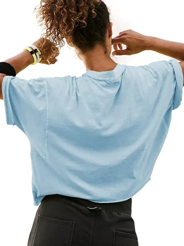 Vista 2 de ELGOGY Camisetas cortas de entrenamiento de gran tamaño para mujer, manga corta, cuello redondo, hombros caídos, cuadradas, de verano, casuales